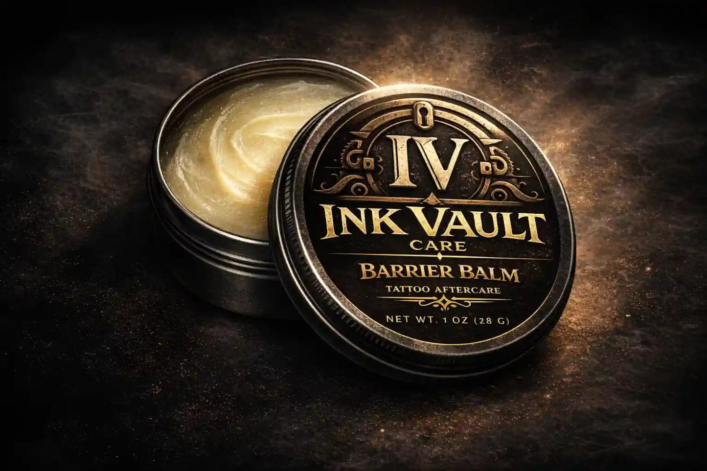 Ink Vault tattoo aftercare balm container on a dark background