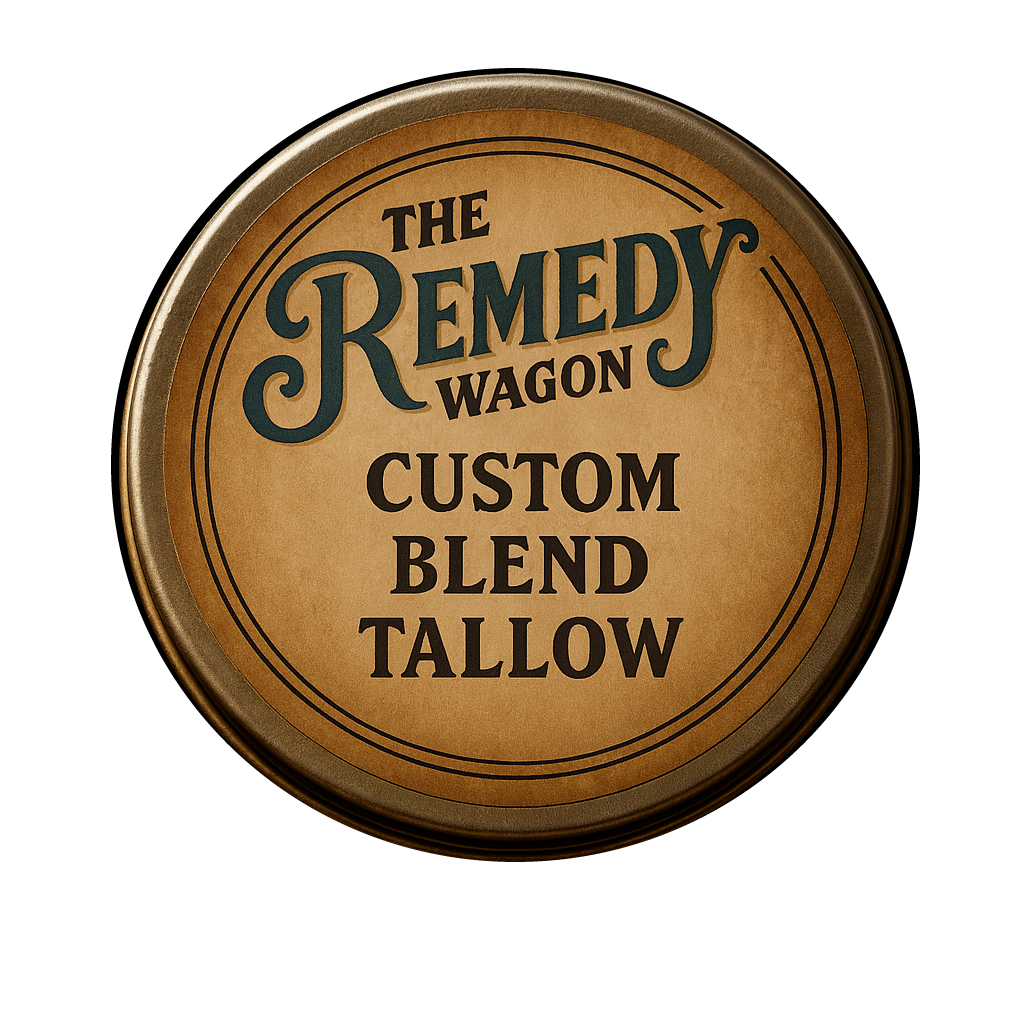 Round container lid with 'The Remedy Wagon Custom Blend Tallow' 