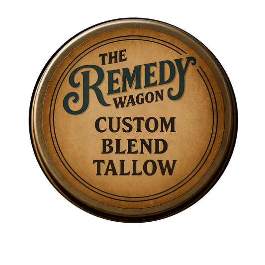 Round container lid with 'The Remedy Wagon Custom Blend Tallow' 