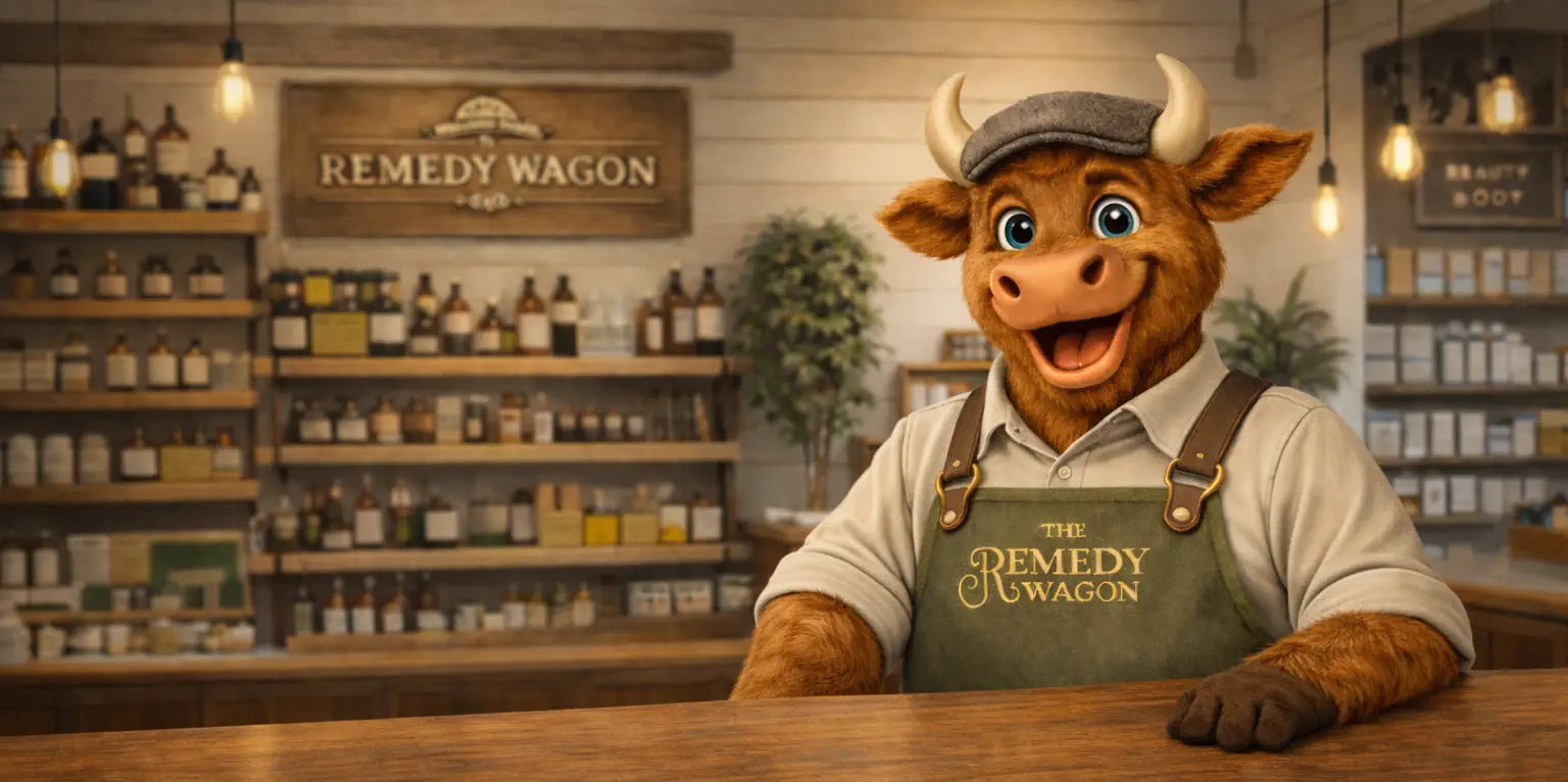 Animated cow character in a bar setting with 'Remedy Wagon' branding.
