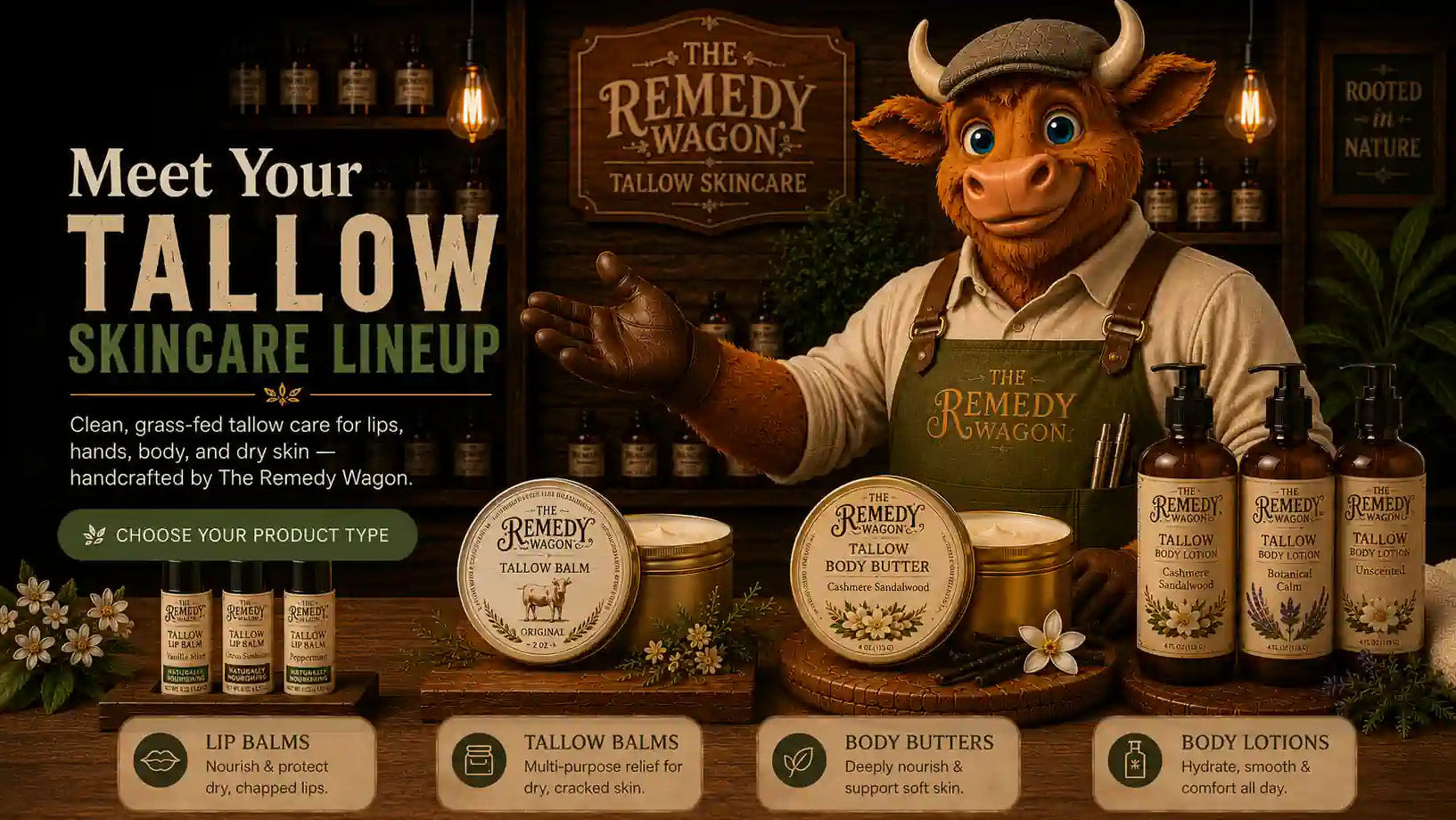 Promotional image of The Remedy Wagon tallow skincare lineup with a mascot character.